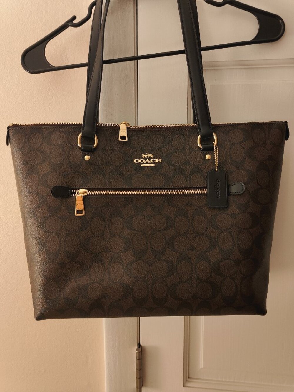 Coach Brown Signature Tote with Black Handles and Gold Hardware